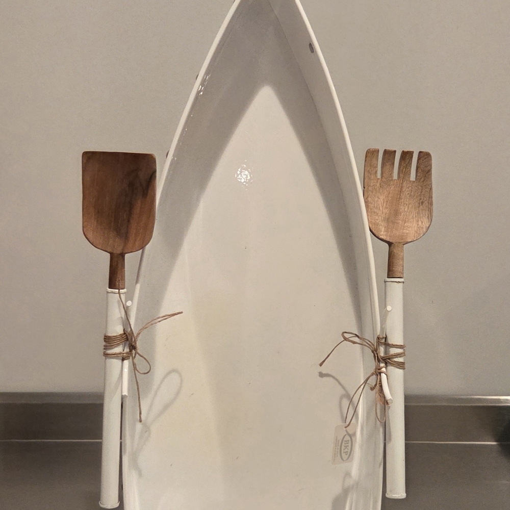 White Metal Boat Serving Bowl with Wooden Salad Servers